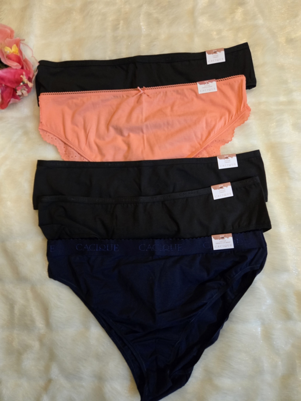 Cacique Girls' Waistband String Bikini Panties  - Black, Coral & Navy - 5 Pack